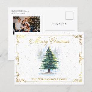 Cartão Postal De Festividades Árvores de Floresta de Aquarela Foto Elegante Dour