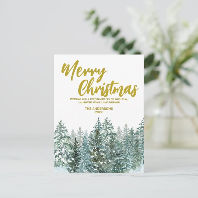 Cartão Postal De Festividades Árvores de Natal Merry floresta Script Dourado mod (Em pé/Frente)