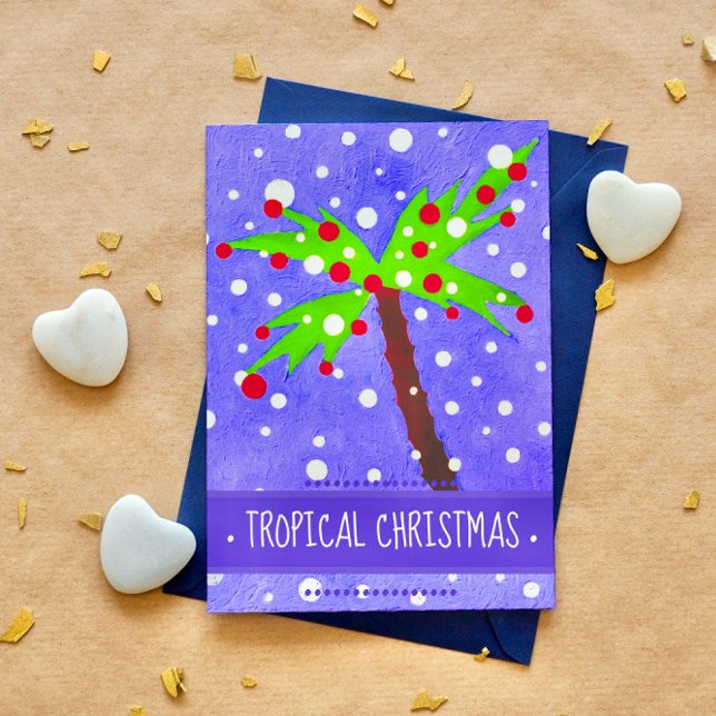 Cartão Postal De Festividades Árvores tropicais de Natal pontos de neve Feliz Na (Criador carregado)