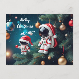Cartão Postal De Festividades Astronauta Cósmico de Natal Celebrando Xmas