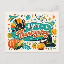 Cartão Postal De Festividades Atomic Mid Century Thanksgiving Turkey Pumpkin