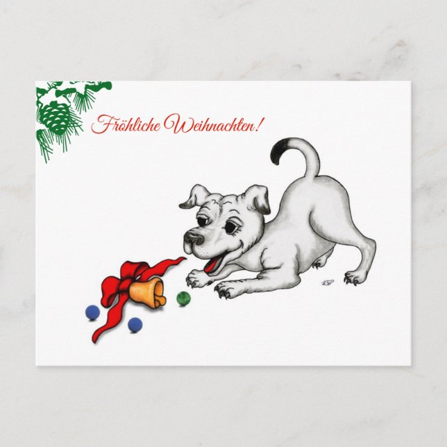 Cartão Postal De Festividades auf Deutsch Weihnachten mit Welpe Glocke und Ball (Frente)