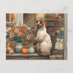 Cartão Postal De Festividades Autumn Cat com Flores - Ação de Graças