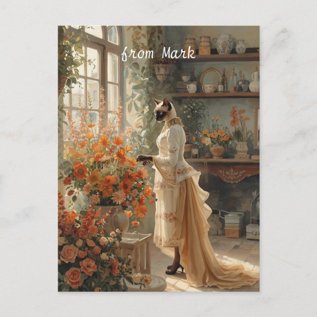 Cartão Postal De Festividades Autumn Cat com Flores - Ação de Graças (Frente)