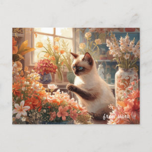 Cartão Postal De Festividades Autumn Cat com Flores - Ação de Graças