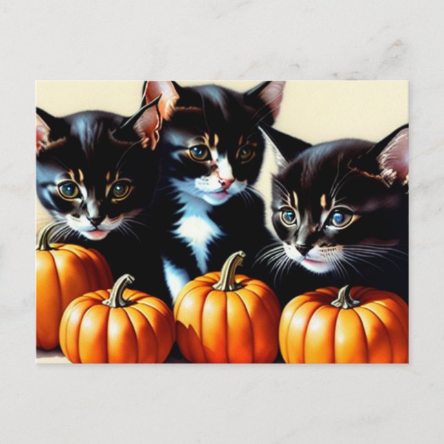 Cartão Postal De Festividades Autumn Kittens com Pumpkins (Frente)