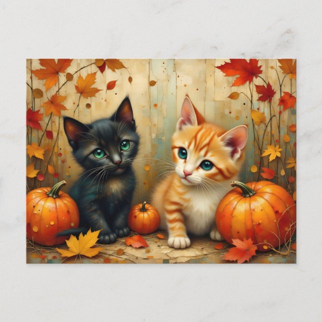 Cartão Postal De Festividades Autumn Kittens Pumpkins e Foliage (Frente)
