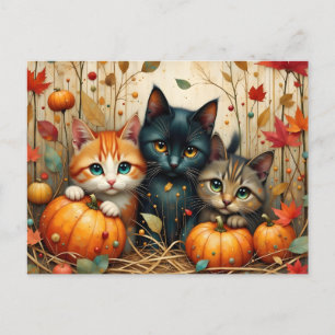 Cartão Postal De Festividades Autumn Kittens Pumpkins e Foliage