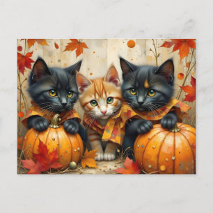Cartão Postal De Festividades Autumn Kittens Pumpkins e Foliage