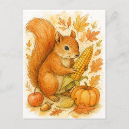 Cartão Postal De Festividades Autumn Squirrel with Corn Thanksgiving Postcard