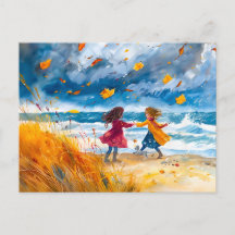 Autumn Stormy Beach com pintura de aquarela
