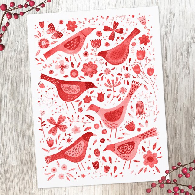 Cartão Postal De Festividades Ave Aquarela Vermelha (Red and white watercolor bird holiday postcard)