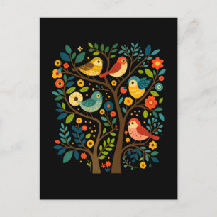 Cartão Postal De Festividades Aves e Flores Arte Folclórica Escandinava