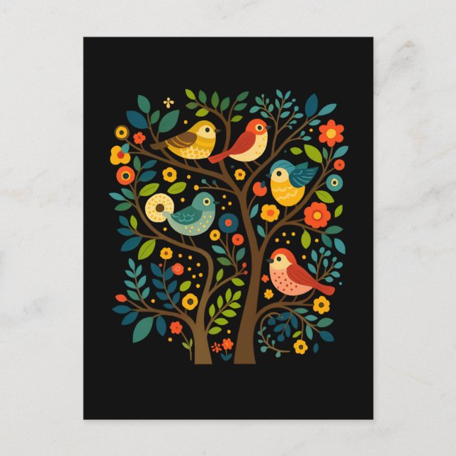 Cartão Postal De Festividades Aves e Flores Arte Folclórica Escandinava (Frente)