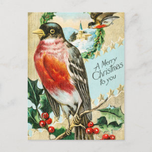Cartão Postal De Festividades Aves natais vintages e Holly Winter Snow