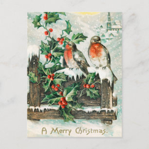 Cartão Postal De Festividades Aves natais vintages e Holly Winter Snow