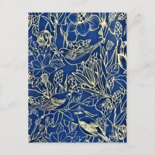 Cartão Postal De Festividades Aves Primavera Floral Flor Flor Brilho Azul