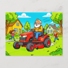 Cartão Postal De Festividades Avô cortando a grama em um trator de passeio