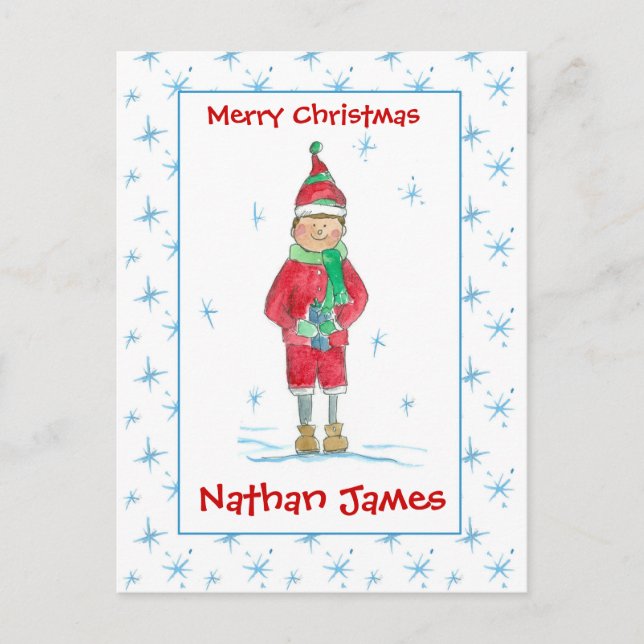 Cartão Postal De Festividades Avô Natal Elf Snowflakes Nome Personalizado (Frente)
