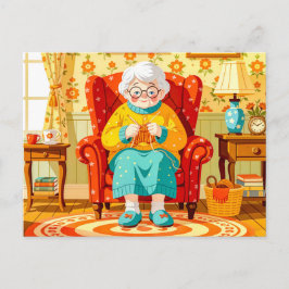 Cartão Postal De Festividades Avó tecendo em Poltrona – Ilustração