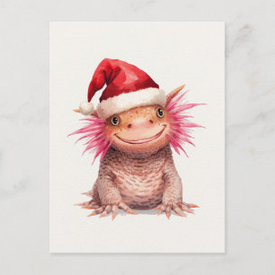 Cartão Postal De Festividades Axolotl Fofo com Chapéu de Papai Noel Aquarela