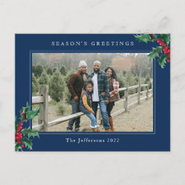 Cartão Postal De Festividades Azul de Foto Personalizada Holly Berry de Natal Si