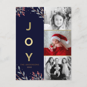 Cartão Postal De Festividades Azul & Dourado JOY 3 Três Fotos Feriado Natal