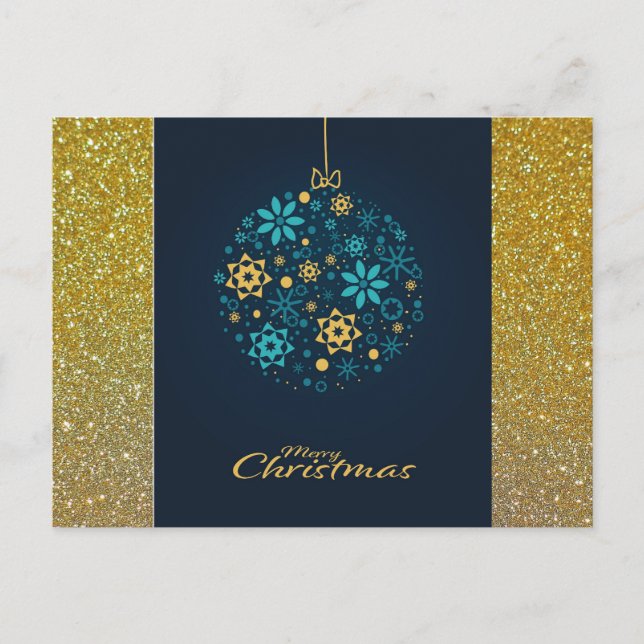 Cartão Postal De Festividades Azul Feliz Natal/Ornamento Dourado (Frente)