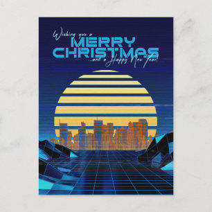 Cartão Postal De Festividades Azul Synthwave Natal