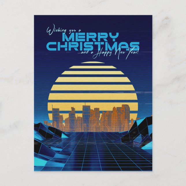 Cartão Postal De Festividades Azul Synthwave Natal (Frente)