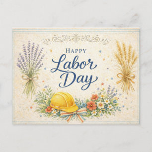 Cartão Postal De Festividades Azul Vintage Colheita Feliz Dia do Trabalho