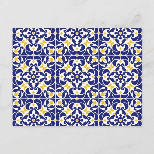 Cartão Postal De Festividades Azulejos mediterrânicos Padrão Azul e Amarelo (Frente)