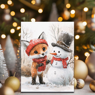Cartão Postal De Festividades Baby Fox e Snowman