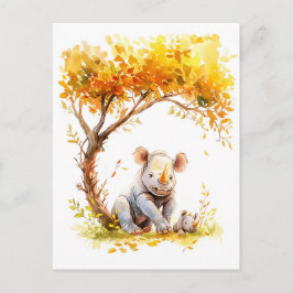 Cartão Postal De Festividades Baby Rhino descendo debaixo de uma árvore