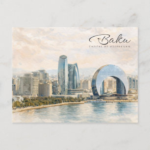 Cartão Postal De Festividades Bacu Azerbaijão Capital Aquarela Presente de Viage