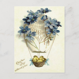 Cartão Postal De Festividades Balão de Ar Quente de Páscoa Flor Azul de Pintinho