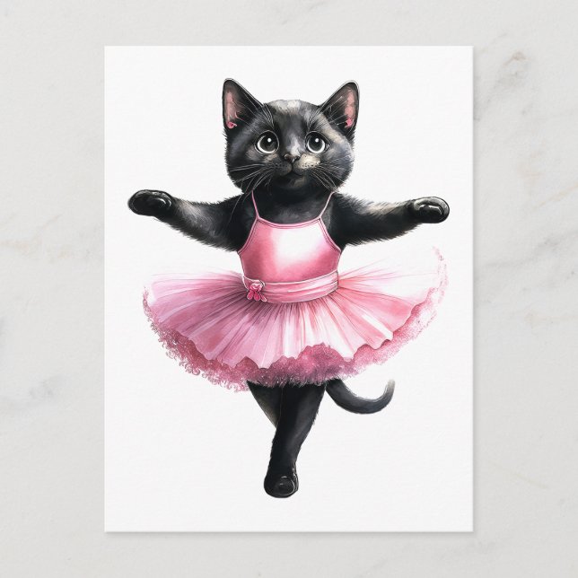Cartão Postal De Festividades Balé de dança de bailarina de gato preto (Frente)