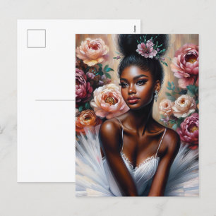 Cartão Postal De Festividades Ballerina Negra Elegante com Flores de Pêonias