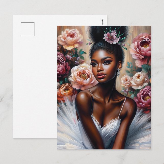 Cartão Postal De Festividades Ballerina Negra Elegante com Flores de Pêonias (Frente/Verso)