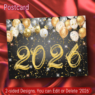 Cartão Postal De Festividades Balões de Confetti Preto e Dourado Modernos no Ano