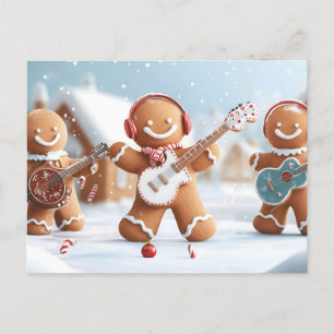Cartão Postal De Festividades Banda de pão-de-gengibre brincando na neve