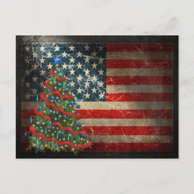 Cartão Postal De Festividades Bandeira Americana Patriótica e Árvore de Natal (Frente)