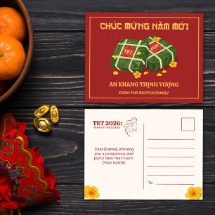 Cartão Postal De Festividades Banh Chung Vermelho Tet 2026 Ano do Cavalo Vietnam