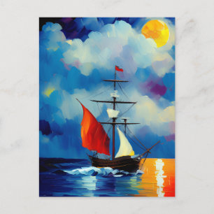 Cartão Postal De Festividades Barco à Noite