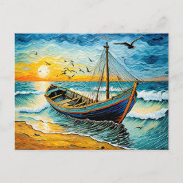 Cartão Postal De Festividades Barco em Águas Calmas no Sunset