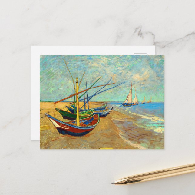 Cartão Postal De Festividades Barcos de pesca na praia por Vincent van Gogh (Frente/Verso In Situ)