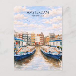 Cartão Postal De Festividades Barcos do Canal de Amsterdã Aquarela Cênica