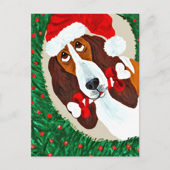 Cartão Postal De Festividades Basset Hound Christmas Wreath (Frente)