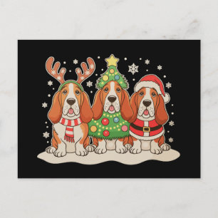 Cartão Postal De Festividades Basset Hound de Natal Chapéu de Papai Noel Rena Cã
