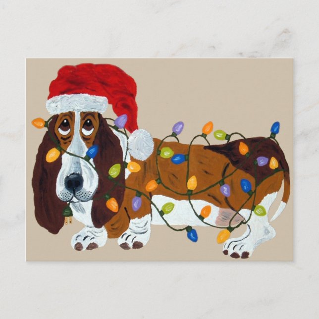 Cartão Postal De Festividades Basset Tangido Em Luzes De Natal (Frente)